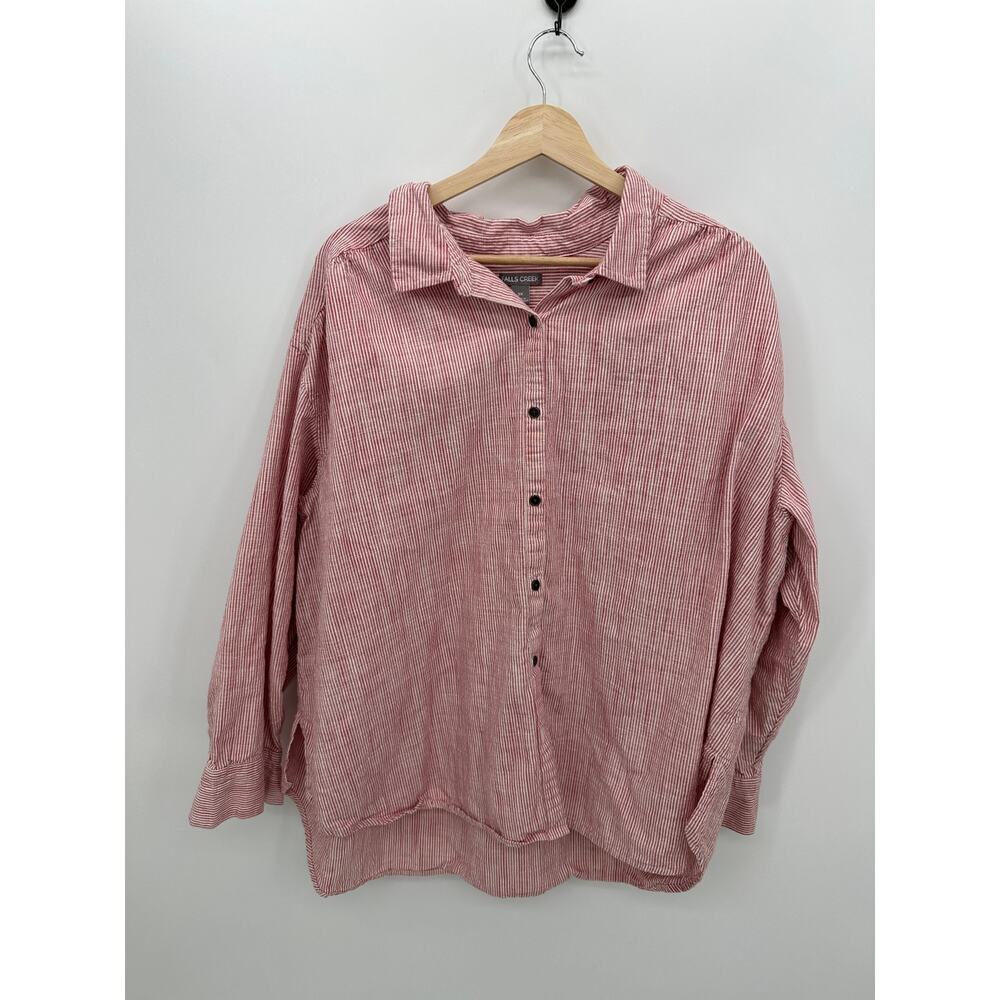 Falls Creek Red Striped Button Front Shirt Women Sz 3X Cotton Lagenlook Casual
